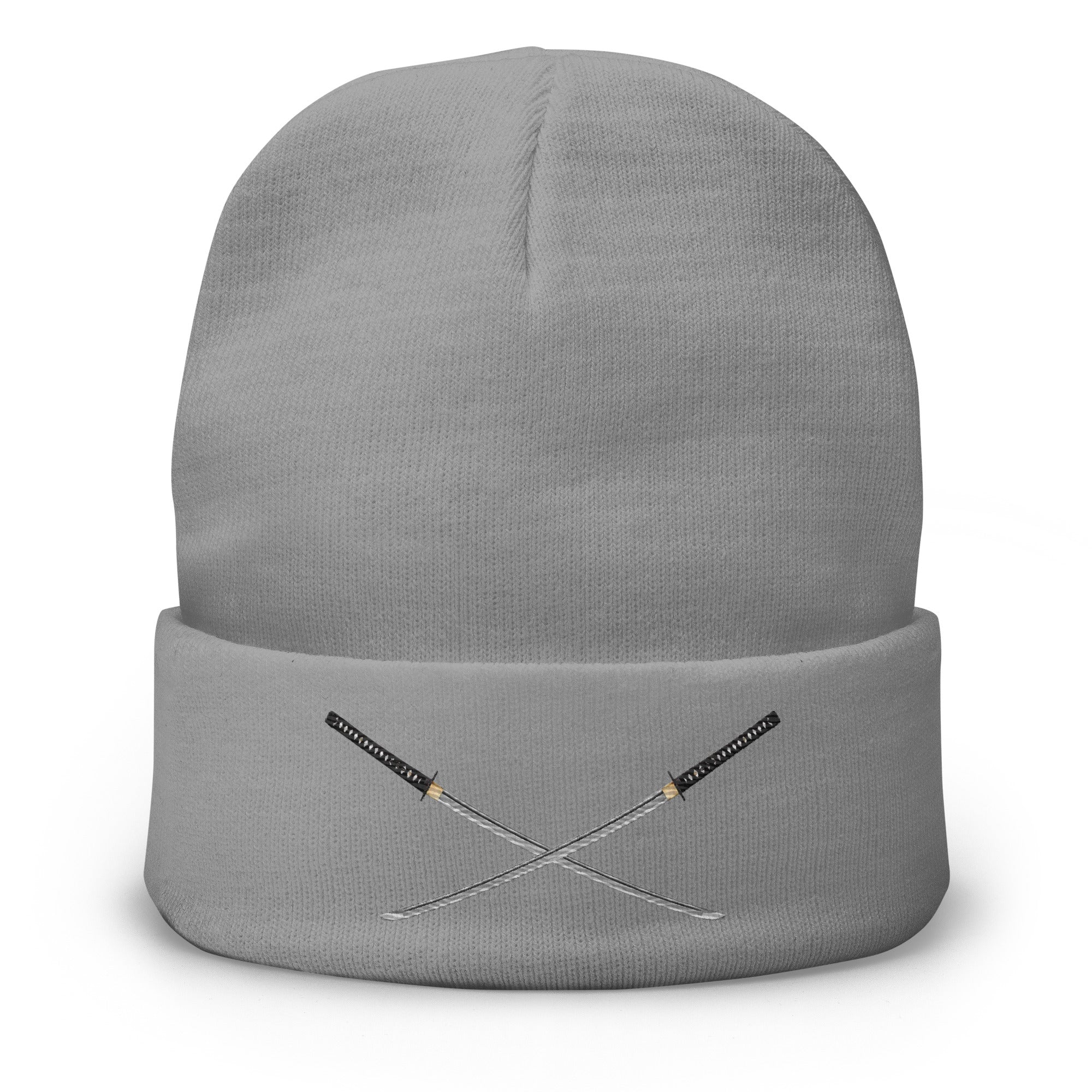 Dual Samurai Swords Anime Warrior Embroidered Cuff Beanie Cap