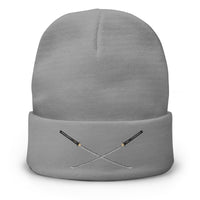 Gray cuffed beanie with Dual Samurai Swords Warrior embroidered artwork, front view