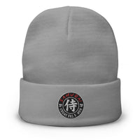 Gray cuffed beanie with Samurai Honor the Sword Japanese Kanji embroidered artwork, front view