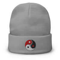 Gray cuffed beanie with Triple Yin Yang Symbol embroidered artwork, front view