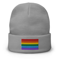 Gray cuffed beanie with LGBTQ+ Pride Rainbow embroidered artwork, front view