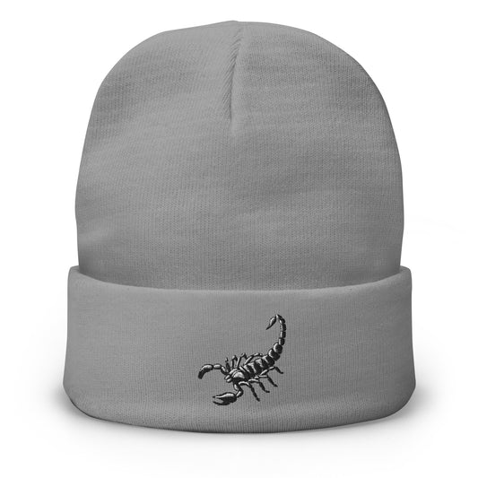 Gray cuffed beanie with Scorpion Sting embroidered artwork, front view