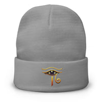 Gray cuffed beanie with Eye of Ra embroidered artwork, front view