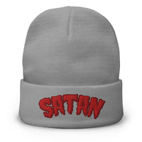 Gray cuffed beanie with Satan Blood Drip embroidered artwork, front view