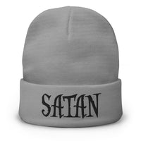 Gray cuffed beanie with Black Satan Pure Evil embroidered artwork, front view