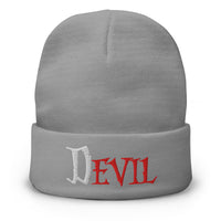 Gray cuffed beanie with The Devil Is Evil embroidered artwork, front view