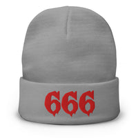 Gray cuffed beanie with Red 666 embroidered artwork, front view