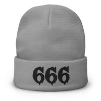 Gray cuffed beanie with Black 666 embroidered artwork, front view
