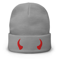 Gray cuffed beanie with Red Devil Horns embroidered artwork, front view