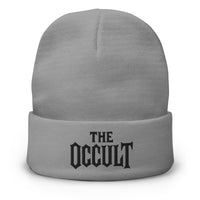 Gray cuffed beanie with The Occult Black Supernatural embroidered artwork, front view