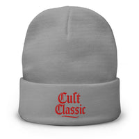 Gray cuffed beanie with Cult Classic Red Gen X embroidered artwork, front view
