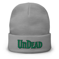 Gray cuffed beanie with Undead Zombie Horror embroidered artwork, front view
