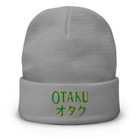 Gray cuffed beanie with Otaku オタク embroidered artwork, front view