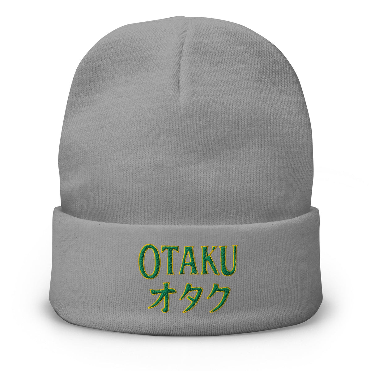Gray cuffed beanie with Otaku オタク embroidered artwork, front view
