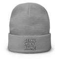 Gray cuffed beanie with Otaku オタク Anime embroidered artwork, front view