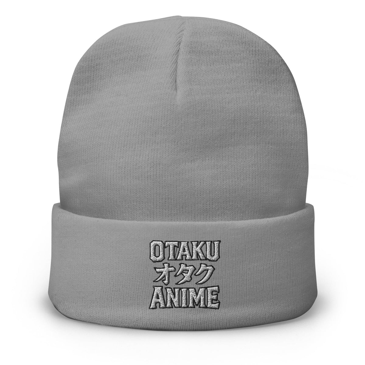 Gray cuffed beanie with Otaku オタク Anime embroidered artwork, front view