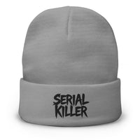 Gray cuffed beanie with Serial Killer True Crime embroidered artwork, front view