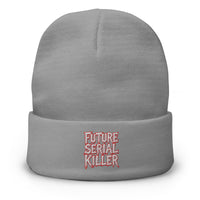 Gray cuffed beanie with Future Serial Killer embroidered artwork, front view