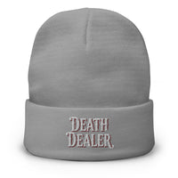 Gray cuffed beanie with Death Dealer embroidered artwork, front view