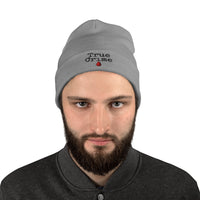 Gray cuffed beanie with True Crime Blood Drop embroidered artwork, front view