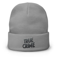 Gray cuffed beanie with Detective Style True Crime embroidered artwork, front view
