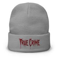 Gray cuffed beanie with Blood Drip True Crime embroidered artwork, front view