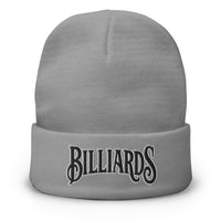 Gray cuffed beanie with Billiards Pool Hall embroidered artwork, front view