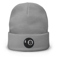 Gray cuffed beanie with Black 8 Ball Billiards embroidered artwork, front view