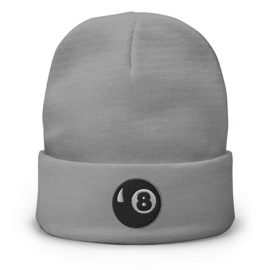 Gray cuffed beanie with Black 8 Ball Billiards embroidered artwork, front view