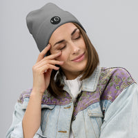 Gray cuffed beanie with Black 8 Ball Billiards embroidered artwork, front view