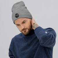 Gray cuffed beanie with Black 8 Ball Billiards embroidered artwork, front view