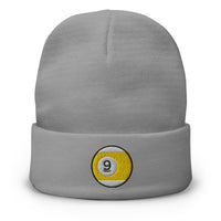 Gray cuffed beanie with Nine Ball Line Billiards embroidered artwork, front view