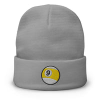 Gray cuffed beanie with Nine Ball Billiards embroidered artwork, front view