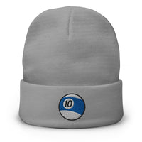 Gray cuffed beanie with Ten Ball Billiards embroidered artwork, front view