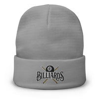 Gray cuffed beanie with Billiards 8 Ball embroidered artwork, front view