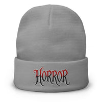 Gray cuffed beanie with HORROR House of Horrors Blood Drip embroidered artwork, front view