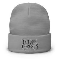 Gray cuffed beanie with Future Corpses Horror embroidered artwork, front view