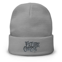 Gray cuffed beanie with Future Corpse Horror Funeral embroidered artwork, front view