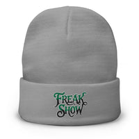 Gray cuffed beanie with Freak Show Horror Carnival embroidered artwork, front view
