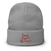 Gray cuffed beanie with Dark Truth Revealed True Crime embroidered artwork, front view