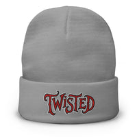 Gray cuffed beanie with Twisted Horror Carnival embroidered artwork, front view