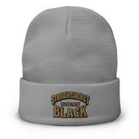 Gray cuffed beanie with Straightjacket Is the New Black embroidered artwork, front view