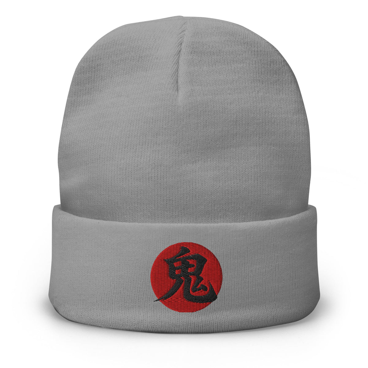 Gray cuffed beanie with Demon Kanji 鬼 (Oni) embroidered artwork, front view