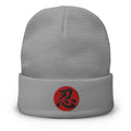 Gray cuffed beanie with Endure Kanji 忍 (Nin) embroidered artwork, front view