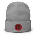 Gray cuffed beanie with Luck Kanji 運 (Un) embroidered artwork, front view