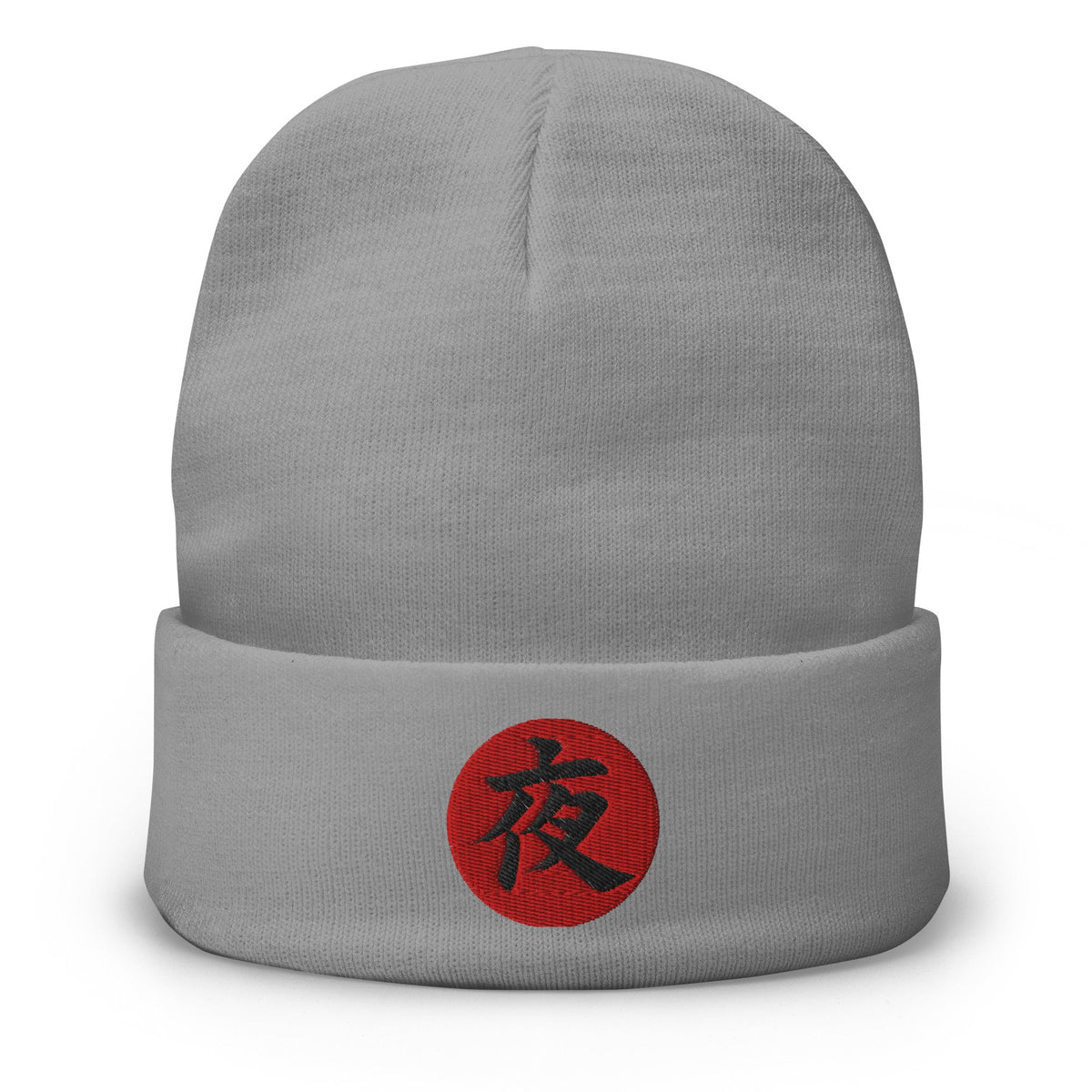 Gray cuffed beanie with Night Kanji 夜 (Yoru) embroidered artwork, front view