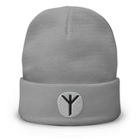 Gray cuffed beanie with Algiz Rune embroidered artwork, front view