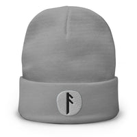 Gray cuffed beanie with Ansuz Rune embroidered artwork, front view