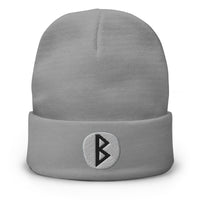 Gray cuffed beanie with Berkano Rune embroidered artwork, front view