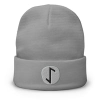 Gray cuffed beanie with Eihwaz Rune embroidered artwork, front view